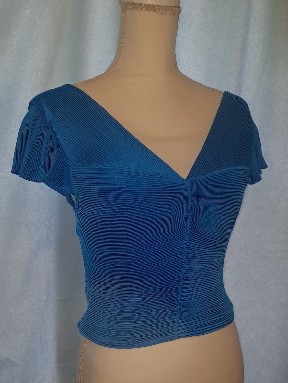 Blue Pleated V-Neck Women's Top